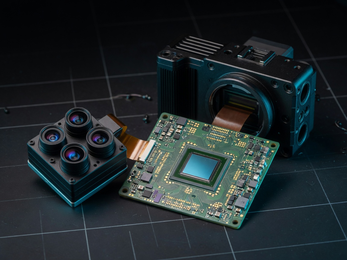 Industrial camera and sensor hardware on a dark lab bench