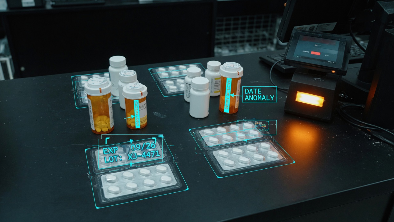 Pharmacy counter with vision overlays for operations and expiry control
